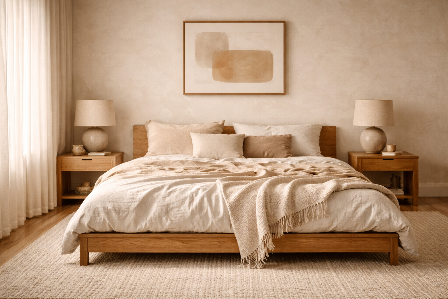 Serene organic minimalist bedroom with warm neutrals