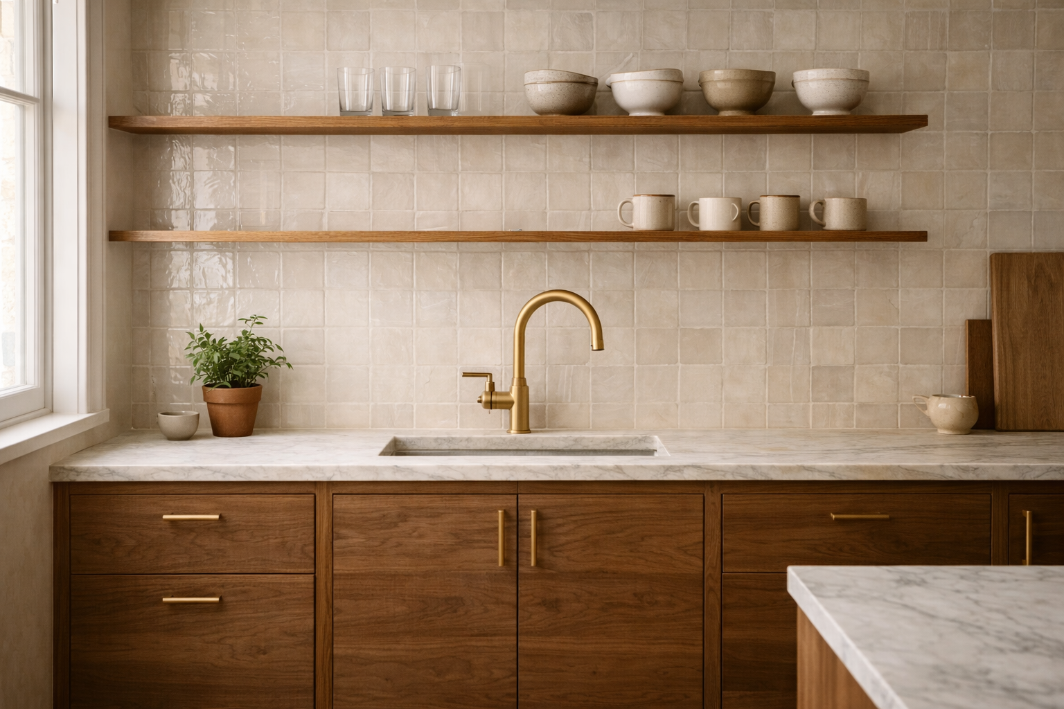 Warm organic kitchen with natural wood and stone